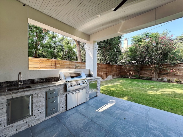 3818 Drake St, Houston, TX 77005 - fenced backyard with exterior kitchen, a patio, and a ceiling fan