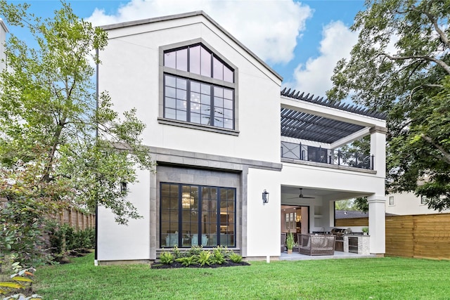 3818 Drake St, Houston, TX 77005 - rear view of property with a balcony, stucco siding, a patio, and a ceiling fan