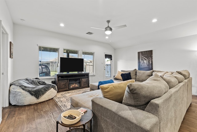 20214 Portbec Dr, New Caney, TX 77357 - living room with wood finished floors, recessed lighting, ceiling fan, and a glass covered fireplace