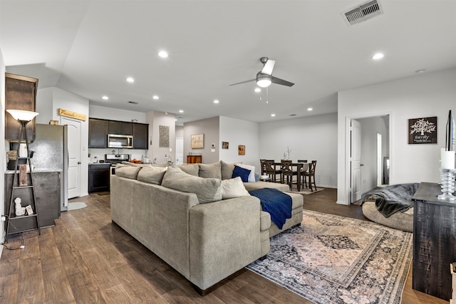 20214 Portbec Dr, New Caney, TX 77357 - living area featuring ceiling fan, dark wood-style floors, and recessed lighting