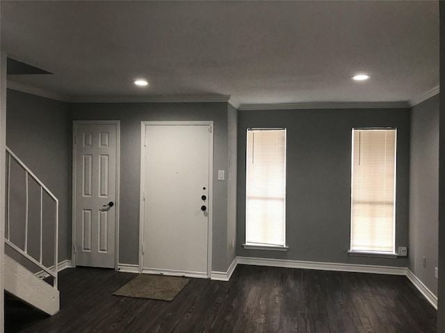 5625 Antoine Dr Unit 903, Houston, TX 77091 - entryway with dark wood-style flooring, ornamental molding, recessed lighting, and plenty of natural light
