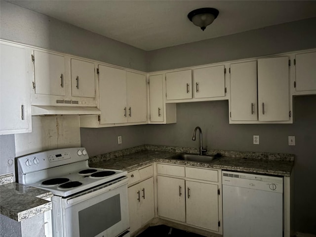 5625 Antoine Dr Unit 903, Houston, TX 77091 - kitchen featuring white appliances, under cabinet range hood, white cabinetry, and dark countertops