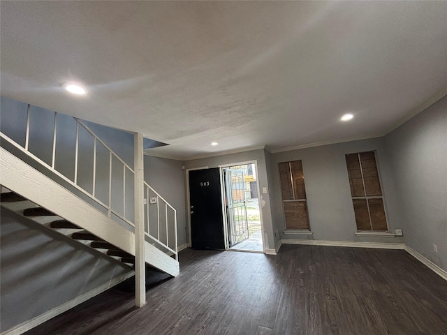 5625 Antoine Dr Unit 903, Houston, TX 77091 - entryway featuring wood finished floors, ornamental molding, stairs, and recessed lighting