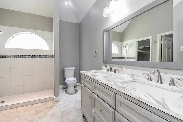 4706 Torrington Ct, Sugar Land, TX 77479 - bathroom with lofted ceiling, double vanity, and a walk in shower