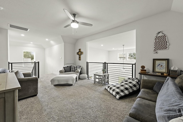 10009 Gray Jay Ct, Conroe, TX 77384 - living area with a ceiling fan, lofted ceiling, carpet flooring, and recessed lighting