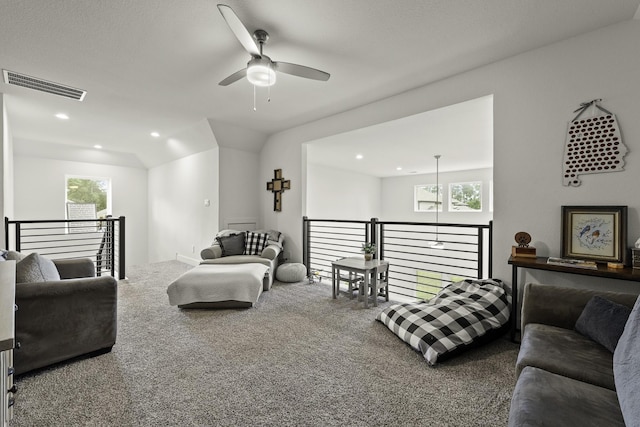 10009 Gray Jay Ct, Conroe, TX 77384 - living area featuring a ceiling fan, carpet, plenty of natural light, and recessed lighting