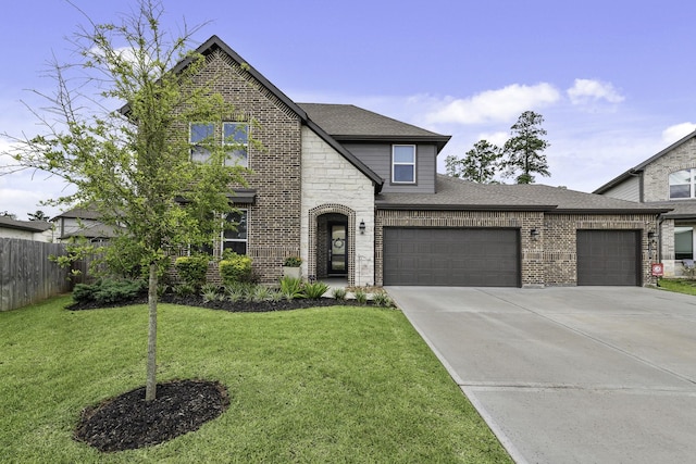 10009 Gray Jay Ct, Conroe, TX 77384 - french country home featuring a garage, brick siding, driveway, roof with shingles, and stone siding