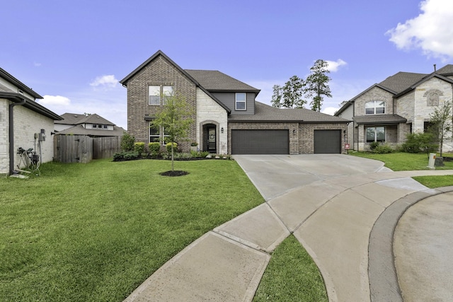 10009 Gray Jay Ct, Conroe, TX 77384 - french country home featuring brick siding, a garage, concrete driveway, and a shingled roof