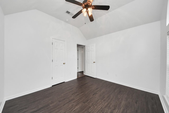 5874 Natchez Trce, Baytown, TX 77523 - spare room with lofted ceiling, ceiling fan, and dark wood-style flooring