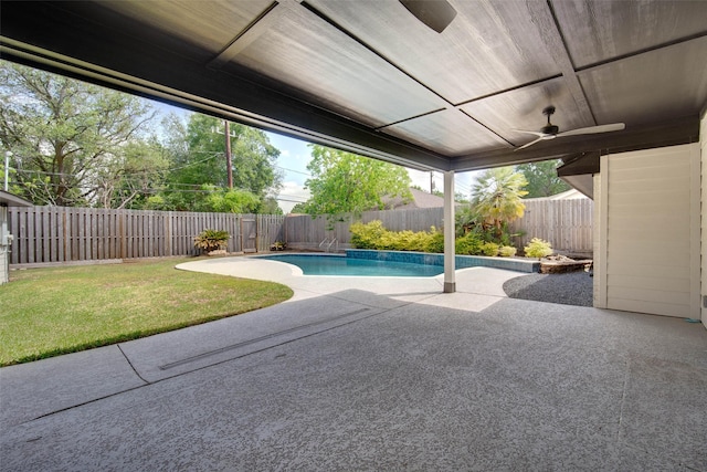 7710 Meadowvale Dr, Houston, TX 77063 - view of swimming pool with a patio area, a fenced backyard, and a ceiling fan