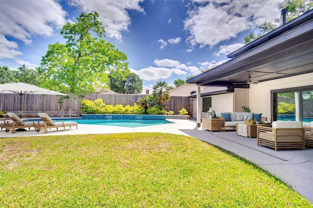 7710 Meadowvale Dr, Houston, TX 77063 - view of pool with an outdoor hangout area, a fenced backyard, and a patio area
