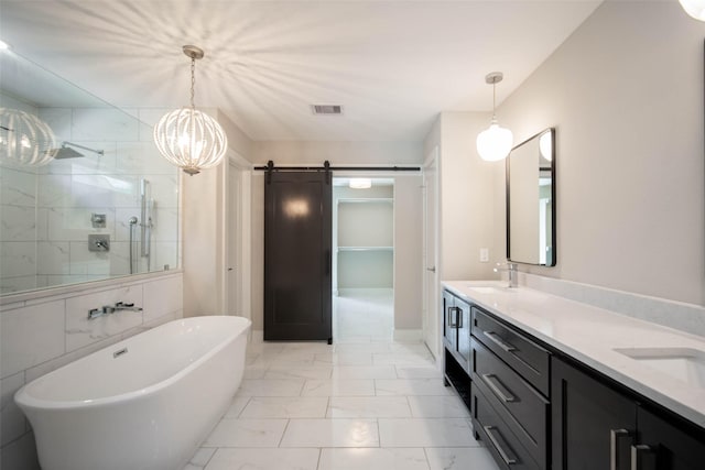 7710 Meadowvale Dr, Houston, TX 77063 - bathroom featuring double vanity, tiled shower, a freestanding bath, marble finish flooring, and a chandelier