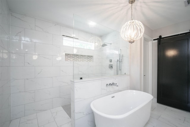 7710 Meadowvale Dr, Houston, TX 77063 - bathroom featuring marble look tile flooring, a walk in shower, a freestanding tub, and a chandelier
