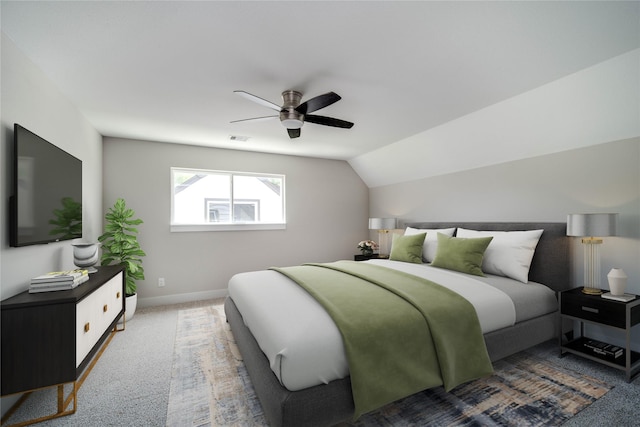 7710 Meadowvale Dr, Houston, TX 77063 - carpeted bedroom featuring a ceiling fan and vaulted ceiling