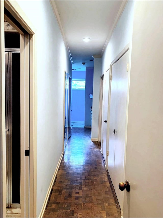 5610 Woodway Dr, Houston, TX 77056 - hallway with crown molding and parquet flooring
