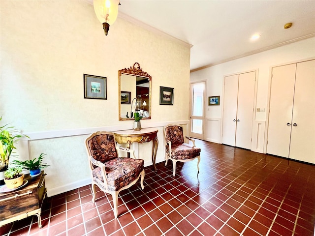 5610 Woodway Dr, Houston, TX 77056 - living area with ornamental molding and tile patterned floors