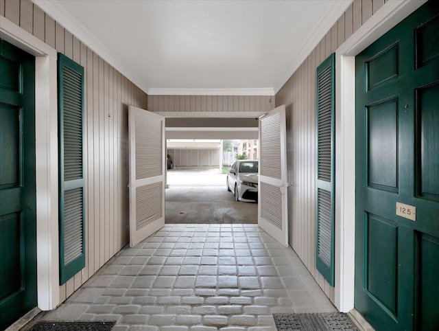 2230 S Piney Point Rd Unit 125, Houston, TX 77063 - corridor featuring crown molding and brick flooring
