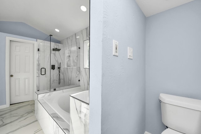 4211 Royal Manor Dr, Pasadena, TX 77505 - full bath with lofted ceiling, a marble finish shower, marble finish flooring, a bath, and recessed lighting