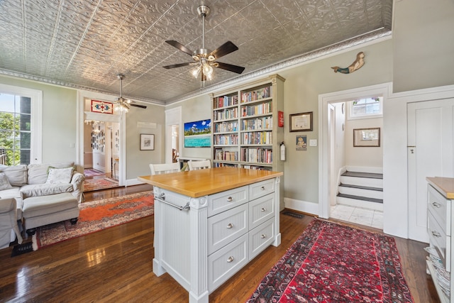 607 11th St, Galveston, TX 77550 - office space with an ornate ceiling, dark wood-style floors, ceiling fan, and crown molding