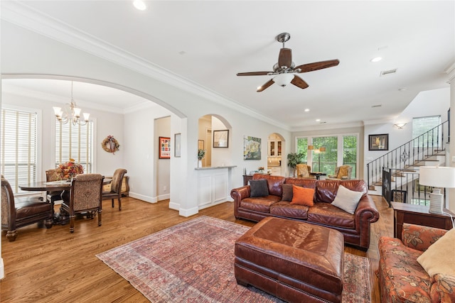 234 Knox St, Houston, TX 77007 - living room featuring stairway, light wood-style flooring, ceiling fan, recessed lighting, and ornamental molding