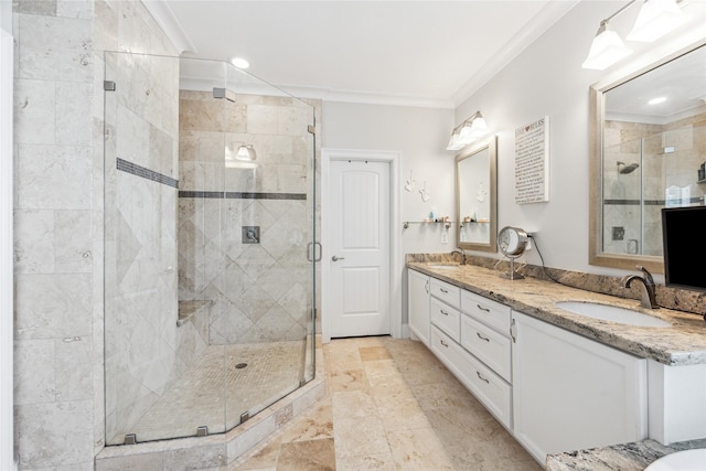 234 Knox St, Houston, TX 77007 - full bathroom featuring crown molding, double vanity, a stall shower, and recessed lighting
