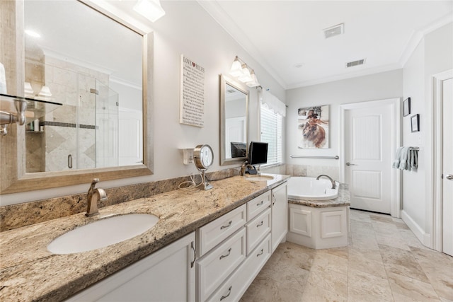 234 Knox St, Houston, TX 77007 - full bath with crown molding, a garden tub, a stall shower, and double vanity