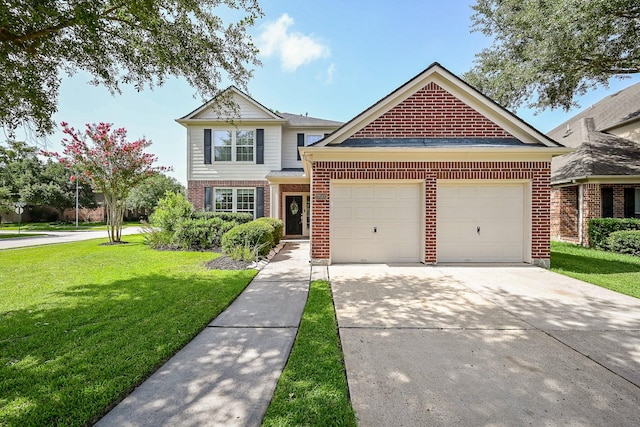 28503 Cece Glen Ct, Spring, TX 77386 - traditional-style house with brick siding, a front lawn, an attached garage, and driveway