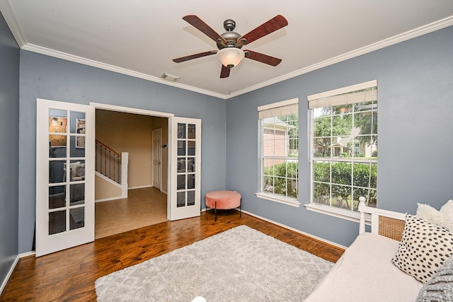 28503 Cece Glen Ct, Spring, TX 77386 - sitting room featuring french doors, wood finished floors, crown molding, and a ceiling fan