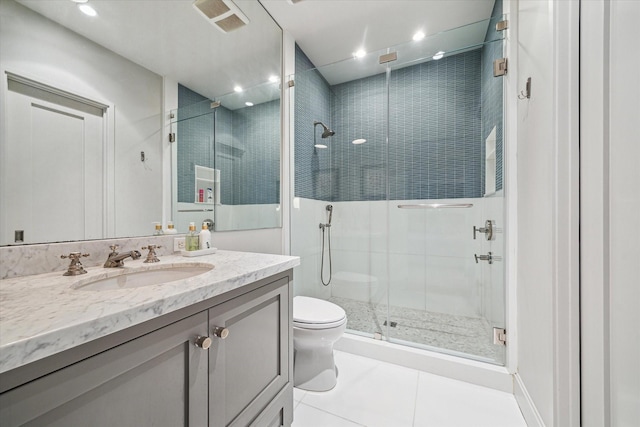 2019 Du Barry Ln, Houston, TX 77018 - bathroom with tile patterned flooring, vanity, a stall shower, and recessed lighting