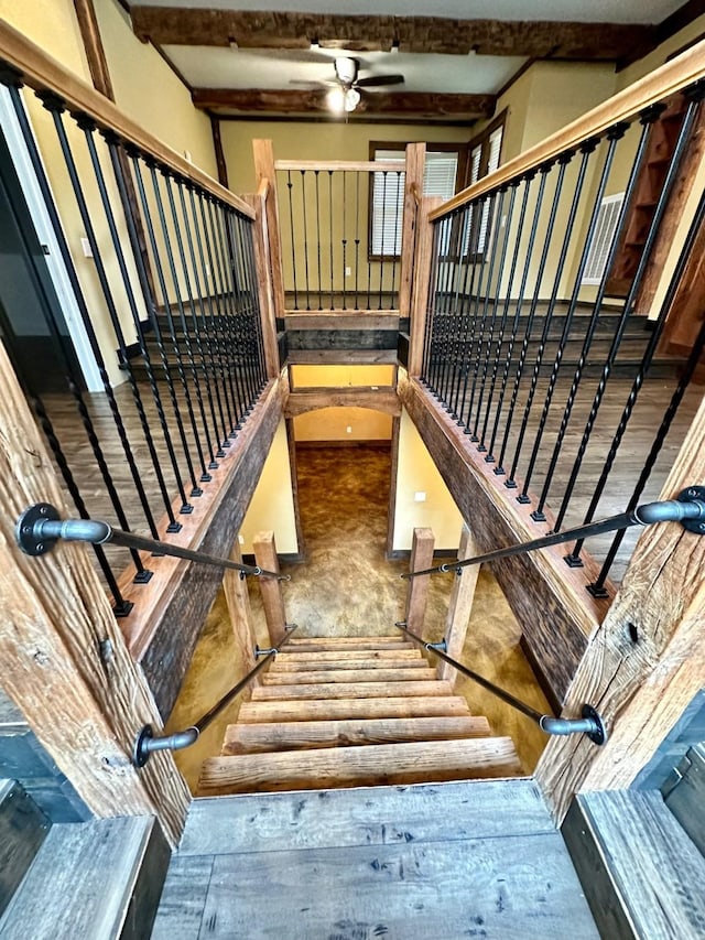 4842 Green Trail Dr, Houston, TX 77084 - stairs featuring ceiling fan and beamed ceiling
