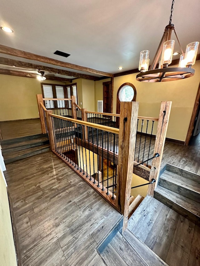 4842 Green Trail Dr, Houston, TX 77084 - stairs with wood finished floors, a chandelier, and recessed lighting
