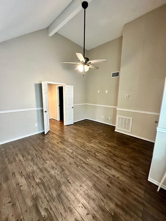 4842 Green Trail Dr, Houston, TX 77084 - empty room featuring a ceiling fan, beam ceiling, dark wood-style floors, and high vaulted ceiling