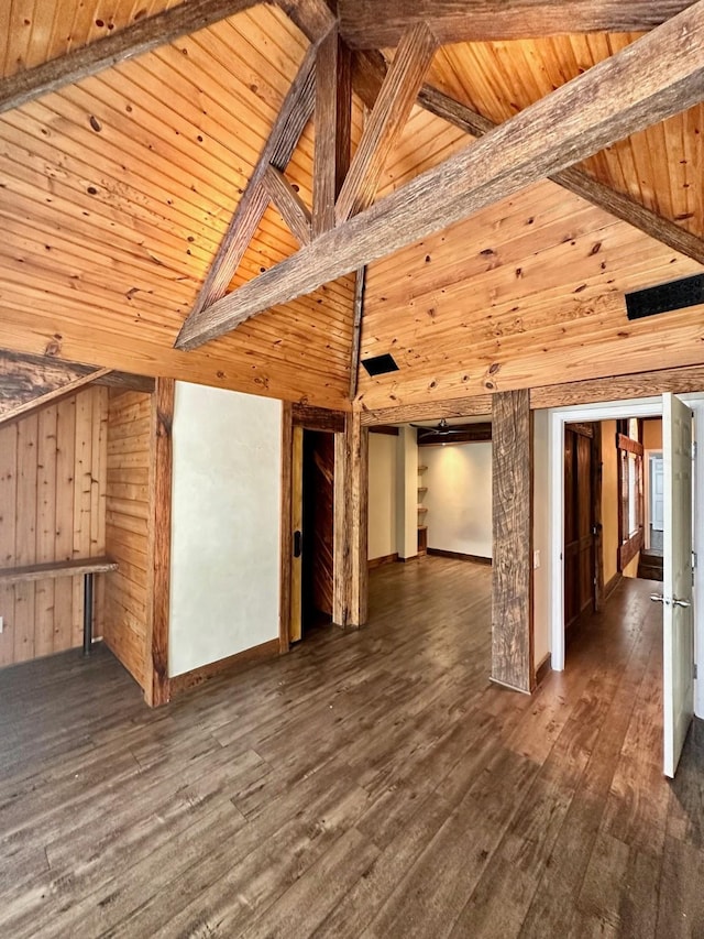 4842 Green Trail Dr, Houston, TX 77084 - unfurnished living room featuring dark wood finished floors, wood walls, a wooden ceiling with exposed beams, and high vaulted ceiling