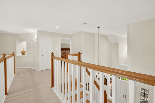 13718 Gainesway Dr, Cypress, TX 77429 - hallway featuring an upstairs landing, light carpet, and recessed lighting