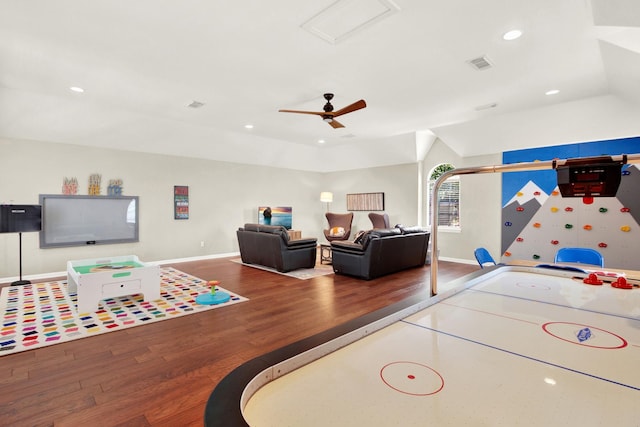 13718 Gainesway Dr, Cypress, TX 77429 - recreation room with wood finished floors, recessed lighting, and ceiling fan