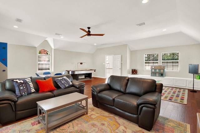 13718 Gainesway Dr, Cypress, TX 77429 - living area with vaulted ceiling, a ceiling fan, light wood finished floors, and recessed lighting