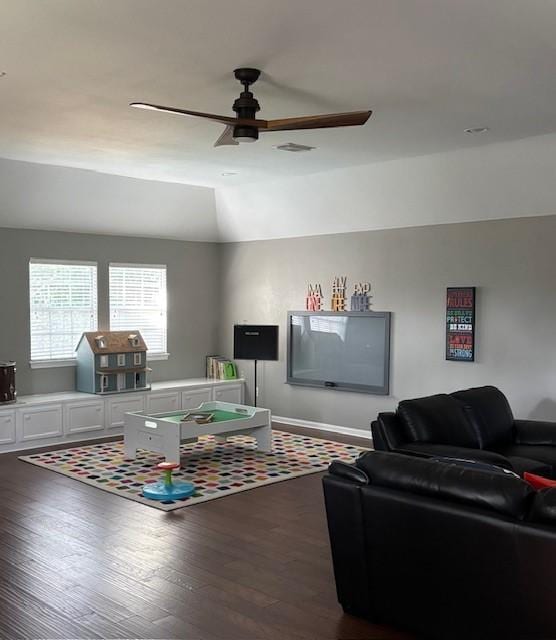 13718 Gainesway Dr, Cypress, TX 77429 - living area featuring a ceiling fan, wood finished floors, and vaulted ceiling