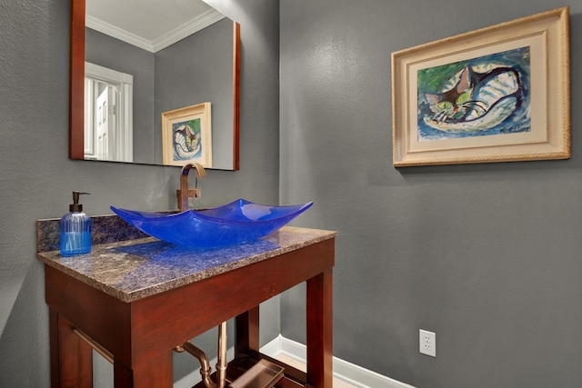 13718 Gainesway Dr, Cypress, TX 77429 - bathroom with crown molding, vanity, and a textured wall