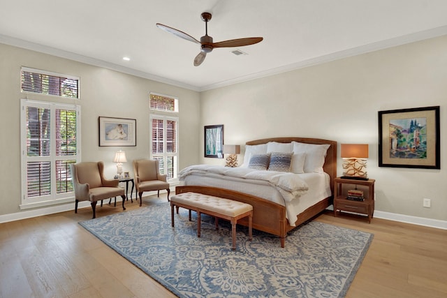 13718 Gainesway Dr, Cypress, TX 77429 - bedroom featuring wood finished floors, ornamental molding, recessed lighting, and a ceiling fan