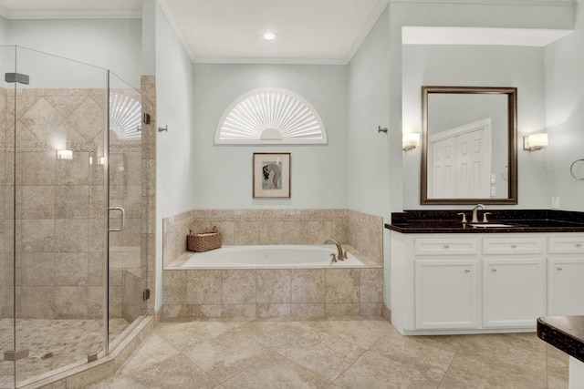 13718 Gainesway Dr, Cypress, TX 77429 - bathroom with ornamental molding, a bath, vanity, a shower stall, and tile patterned floors
