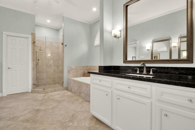 13718 Gainesway Dr, Cypress, TX 77429 - full bath featuring crown molding, a garden tub, a shower stall, vanity, and recessed lighting