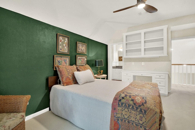13718 Gainesway Dr, Cypress, TX 77429 - bedroom with light colored carpet, vaulted ceiling, and a ceiling fan