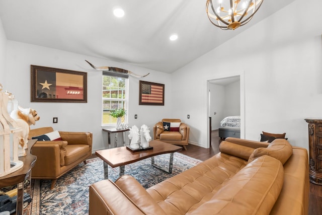 8851 US Highway 59 N, Livingston, TX 77351 - living area with wood finished floors, vaulted ceiling, a chandelier, and recessed lighting