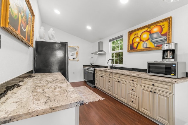 8851 US Highway 59 N, Livingston, TX 77351 - kitchen featuring stainless steel appliances, cream cabinetry, wall chimney exhaust hood, lofted ceiling, and dark wood-style flooring