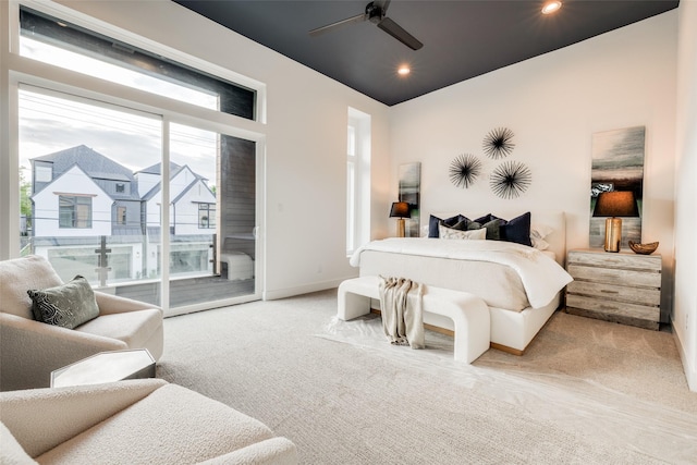 1937 W Clay St, Houston, TX 77019 - bedroom with access to exterior, light colored carpet, recessed lighting, and ceiling fan