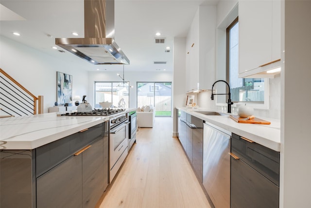1937 W Clay St, Houston, TX 77019 - kitchen featuring island exhaust hood, modern cabinets, gray cabinetry, stainless steel appliances, and recessed lighting