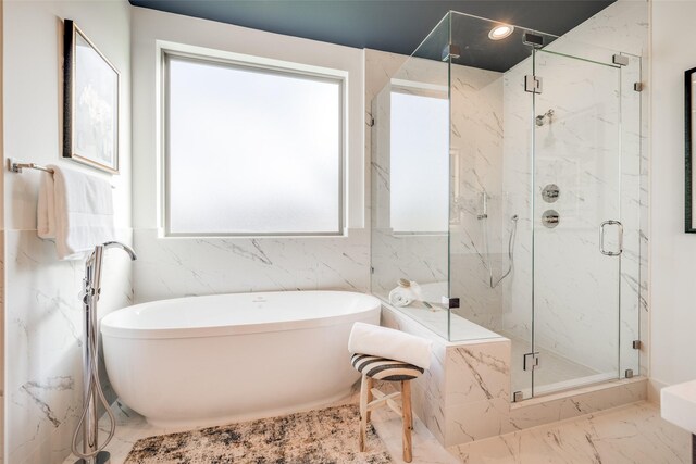 1937 W Clay St, Houston, TX 77019 - full bathroom with marble finish floors, a freestanding tub, and a marble finish shower