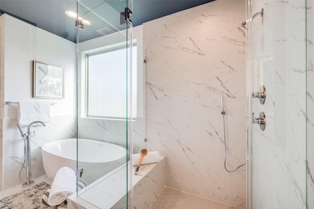 1937 W Clay St, Houston, TX 77019 - full bathroom with a freestanding bath and a marble finish shower