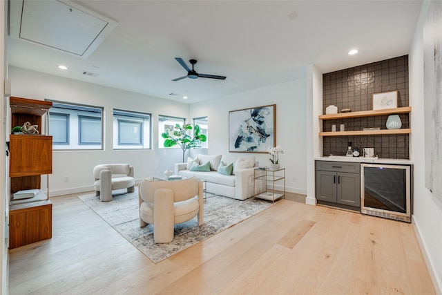 1937 W Clay St, Houston, TX 77019 - living area with wine cooler, wood finished floors, attic access, recessed lighting, and ceiling fan