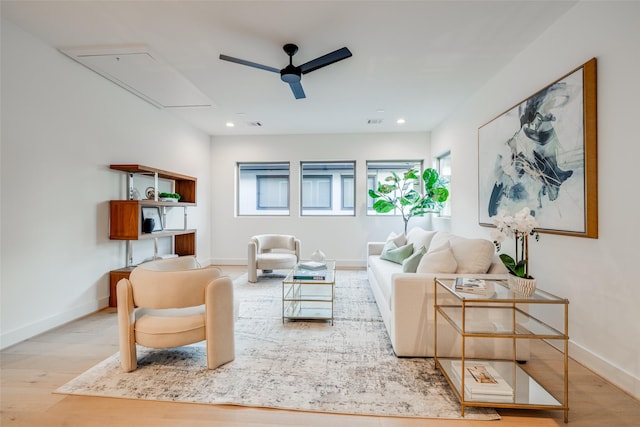 1937 W Clay St, Houston, TX 77019 - living room with a ceiling fan, attic access, healthy amount of natural light, wood finished floors, and recessed lighting